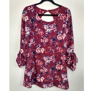 Romantic Dark Florals Lace Back Keyhole Burgundy Long Sleeve Dress Tunic Small